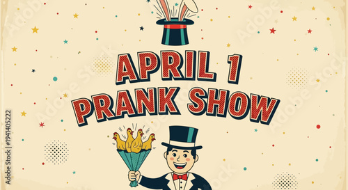 Magician holding bouquet pranks on april fool's day with confetti and top hat festive background