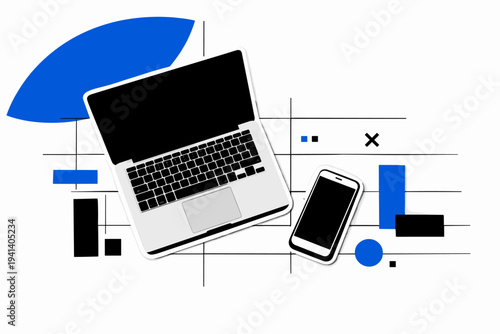 Black and white top-view flat lay of an open laptop and smartphone aligned diagonally, bold blue semicircle anchoring the upper corner, thin linear grid lines