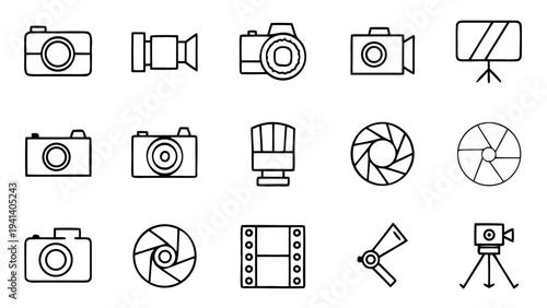 Fifteen white outline icons of different camera styles and viewfinders are arranged in a three by five grid on a solid black background.