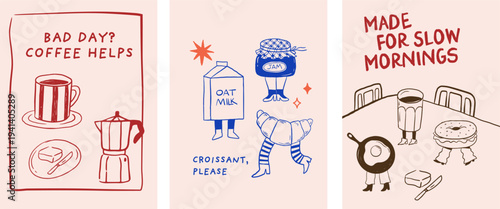 Whimsical hand drawn cafe, bakery and patisserie vintage cartoon posters, banners and prints collection