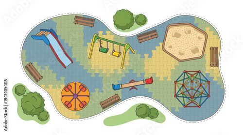 Flat Vector Illustration of Top View Playground Equipment Set: Slide, Swing, Seesaw, and Park Elements for Site Plan Design
