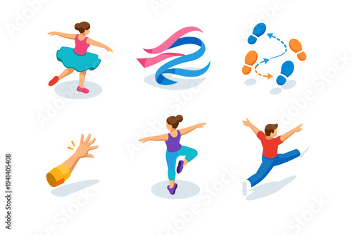 Dance movement. Isometric flat vector icons set of dance movement: dancer mid-spin pose, flowing motion ribbons, rhythmic footwork steps, expressive arm