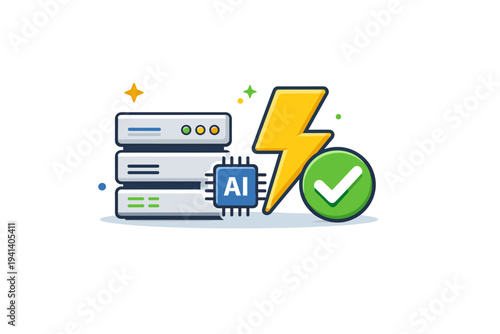 Energy-hungry AI servers transitioning theme illustrated with efficient servers paired with a lightning bolt and checkmark, suggesting optimization greener