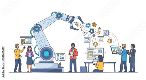 Vector illustration of people working with robotic arm and computers