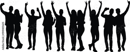 Set of young people silhouettes celebrating, cheering, and taking selfie photos with smartphones for party, event, and vector illustration illustration