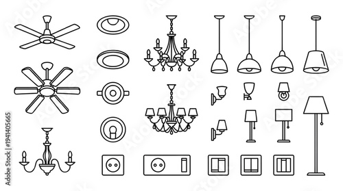 Architectural Lighting and Electrical Symbols Set: Ceiling Fans, Lamps, Sockets, and Switches Icons
