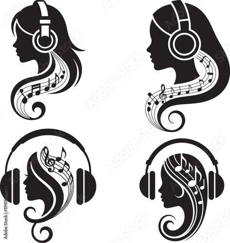 A Set of  woman wearing headphones with musical notes