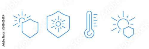 Uv protection icons, signs set, sunscreen, sunblock, sun rays, skin safety, temperature heat, vector illustration isolated on white background.