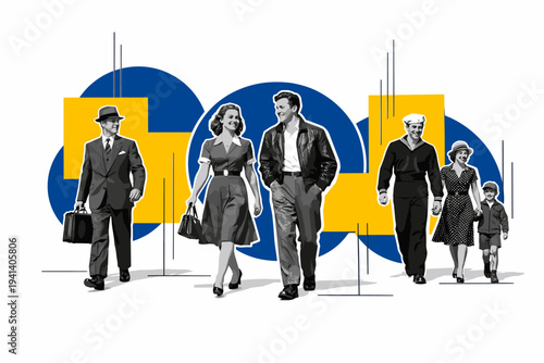 A dynamic arrangement of black-and-white vintage people cutouts walking forward, each with a white outline, oversized yellow geometric blocks and deep blue