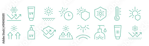 Collection of linear symbols or badges for uv protection, suncreen, sunblocki sun rays, skin safety, temperature heat, solar shield and healthcare isolated on background flat vector illustration.