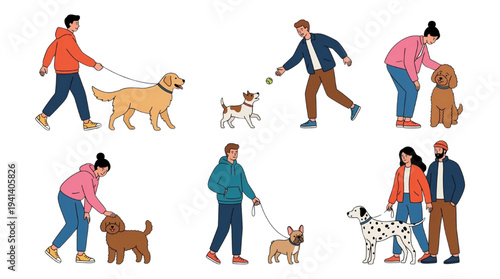 People Walking Dogs Vector Set: Characters Holding Leashes, Playing, and Petting Pets in Casual Outfits