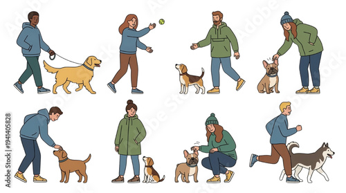 People Walking Dogs Vector Set: Characters Holding Leashes, Playing, and Petting Pets in Casual Outfits