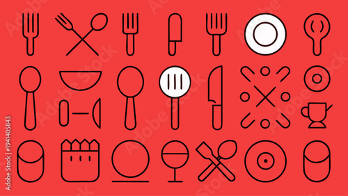 A grid of thirty bold black and white outline icons representing kitchenware and table settings displayed on a bright red solid background.