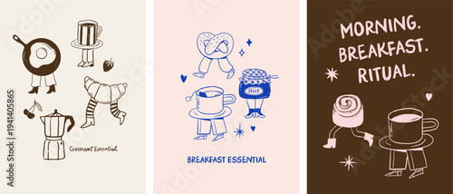 Whimsical hand drawn cafe, bakery and patisserie vintage cartoon posters, banners and prints collection