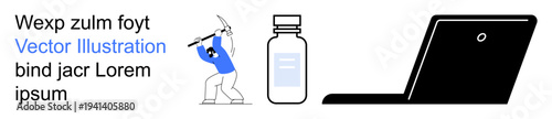 Workforce automation, health solutions, remote work setup, industrial labor, wellness economy, digital transformation. Worker digging with pickaxe, medicine bottle and laptop. Labor and health