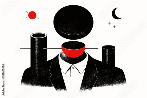 Surreal black and white minimal character illustration, cropped character portrait with abstract cylinders and circular forms replacing parts of the body,