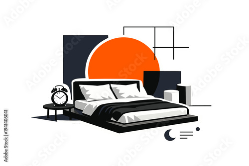 Black and white bedroom interior with low platform bed and classic alarm clock on side table, cut-out layered collage effect with soft white contour around bed