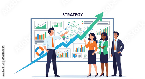 Vector illustration of 3 business people analyzing strategy graph