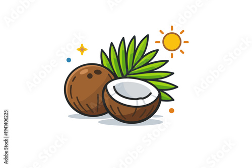 Coconut with tropical leaves a cracked coconut showing white flesh placed near a large palm leaf and tiny sun icon, representing exotic natural food and island