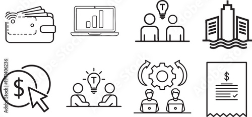 Business and finance icons set including technology and teamwork