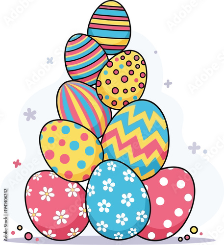 Stack of colorful decorated easter eggs on a white background