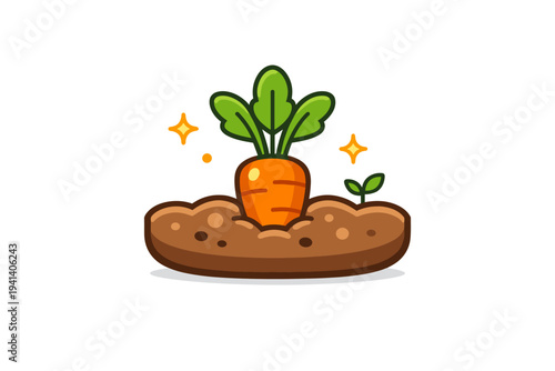 Carrot growing in soil a bright orange carrot partially visible above a soft brown ground layer with green tops and small sparkles, highlighting farm freshness