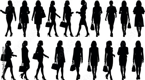 Black silhouettes of businesswomen in formal office attire walking and standing with handbags for corporate professional fashion and commercial design