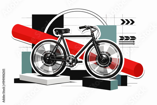 Black and white vintage bicycle transformed with futuristic transparent disc wheels, surrounded by abstract geometric blocks and circular frames, bold red