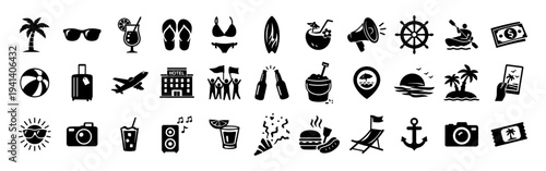 Spring Break Vacation Icons Set – Beach, Travel, Party, Tropical Holiday Silhouette Collection