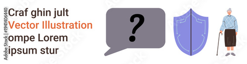 Senior care, protection, questioning, insurance, guidance, aging support. Elderly person, a shield and a speech bubble with a question mark. Senior care and protection concept