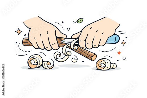 Wood carving process. Close-up of hands shaping a stick with controlled movements, gentle curls of wood forming rhythmic patterns around. The atmosphere