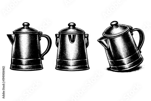 Portable camping coffee percolator with spout, lid knob, and curved handle shown in side view, front view, and tilted three-quarter perspective within a single