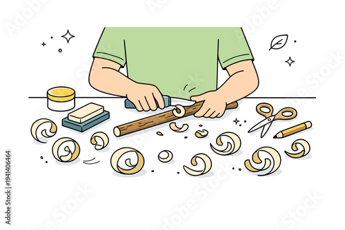 Mindful handcraft activity. A clean editorial scene of someone carving a stick at a table, wood curls forming soft circular shapes around the workspace. The