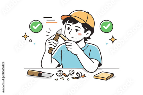 Crafting a wooden tool. A person refining the tip of a stick, checking its shape with a thoughtful expression as small decorative icons of checkmarks and lines