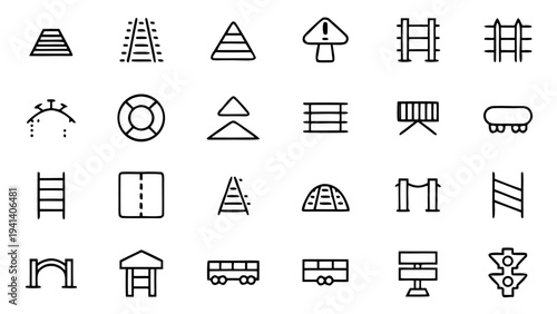 Thirty black stroke railway icons depicting station amenities and train management tools are organized in rows on a transparent background.