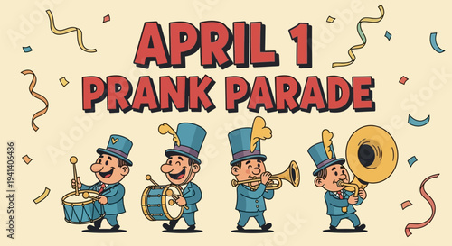 Cartoon band members celebrate april fool's day with prank parade confetti and ribbons on beige background