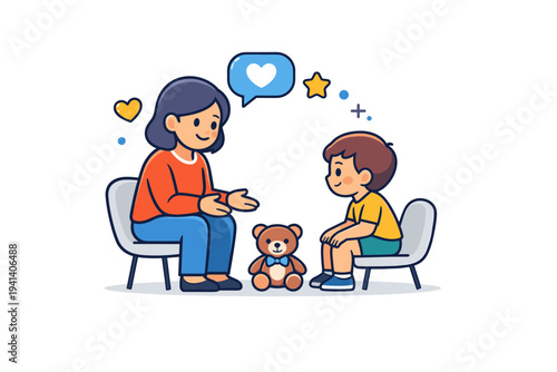 Child psychologist support friendly therapist figure sitting across from a child with a small toy between them, expressing gentle guidance and age appropriate