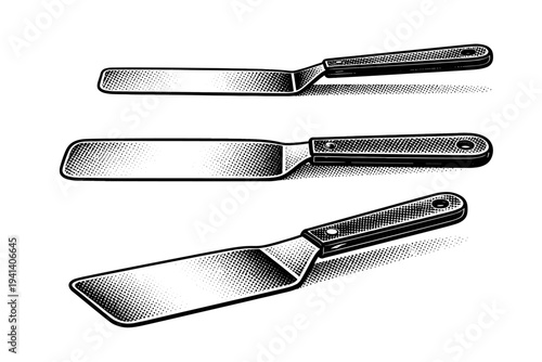 Flat metal baking spatula with wide blade and handle shown in side profile, top view, and angled perspective within a single composition,