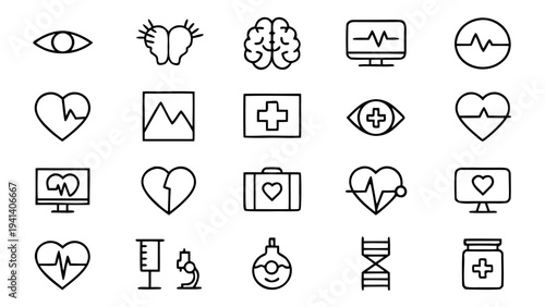 Thirty black linear icons showcasing tools for mental recovery and personal empowerment are organized in a grid on a transparent background.