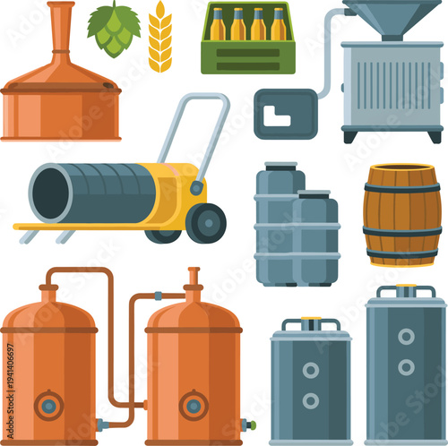 Beer brewing equipment vector illustration set with fermentation tanks, barrels, brewery machines, ingredients, craft beer production process elements
