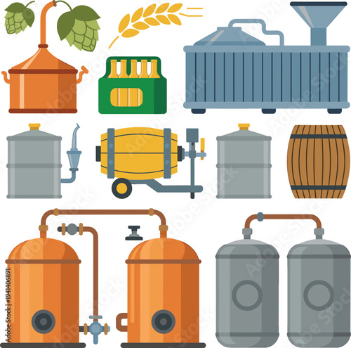 Beer brewing equipment vector illustration with fermentation tanks, barrels, bottles, hops ingredients and brewery machines for craft beer production