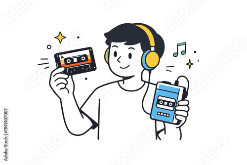 Cassette tape comeback. A person holding a cassette and portable player, simple retro tech moment. Nostalgic yet playful scene with clean modern styling.