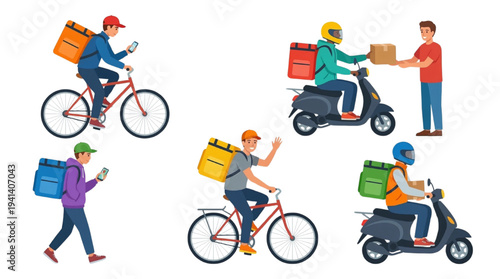 Delivery Service Characters Vector Set: Couriers Riding Scooters, Bicycles, and Walking with Food Bags