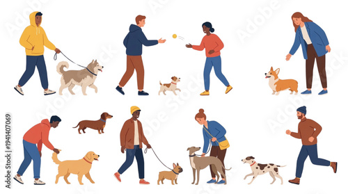 People Walking Dogs Vector Set: Characters Holding Leashes, Playing, and Petting Pets in Casual Outfits