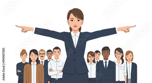 Vector illustration of businesswoman leading diverse team