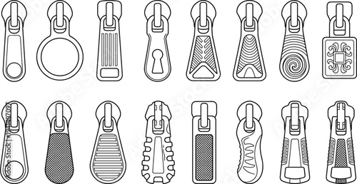 Zipper Puller Icon Set Line Art, Clothing Fastener Collection Outline Illustration for Fashion Tailoring Sewing Design and Garment Accessories