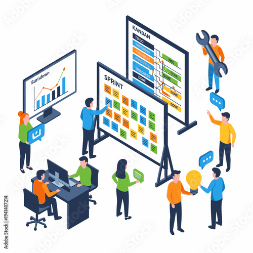 Agile project management team collaborating on a sprint board and Kanban board with charts and data visualization.