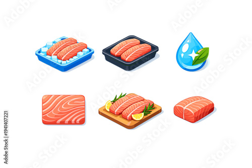 Fresh Fish. Isometric flat vector icons set of fresh fish: chilled fish fillet on ice, fish fillet tray, freshness label tag, fish fillet texture close-up,