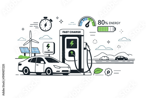 Fast charging station. A highway-side rapid charger with a car and clear energy icons, showing speed and efficiency. The illustration feels modern, reliable,