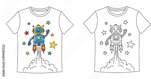 Kids t-shirt mockup featuring a cute cartoon flying robot with rocket boots in space, full color and black and white outline vector graphic.